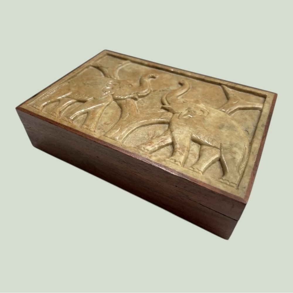 Vintage Elephant Jewelry Box Hand Carved Stone & Wood Trinket Box, boho decor - Picture 7 of 13